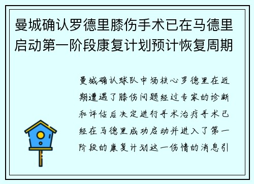 曼城确认罗德里膝伤手术已在马德里启动第一阶段康复计划预计恢复周期受关注
